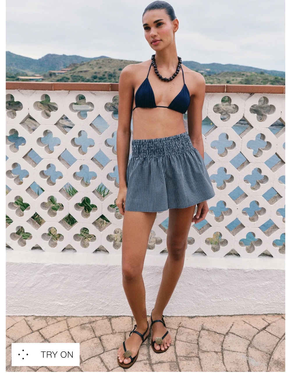 Zara Navy Gingham Smocked-Waist Skort